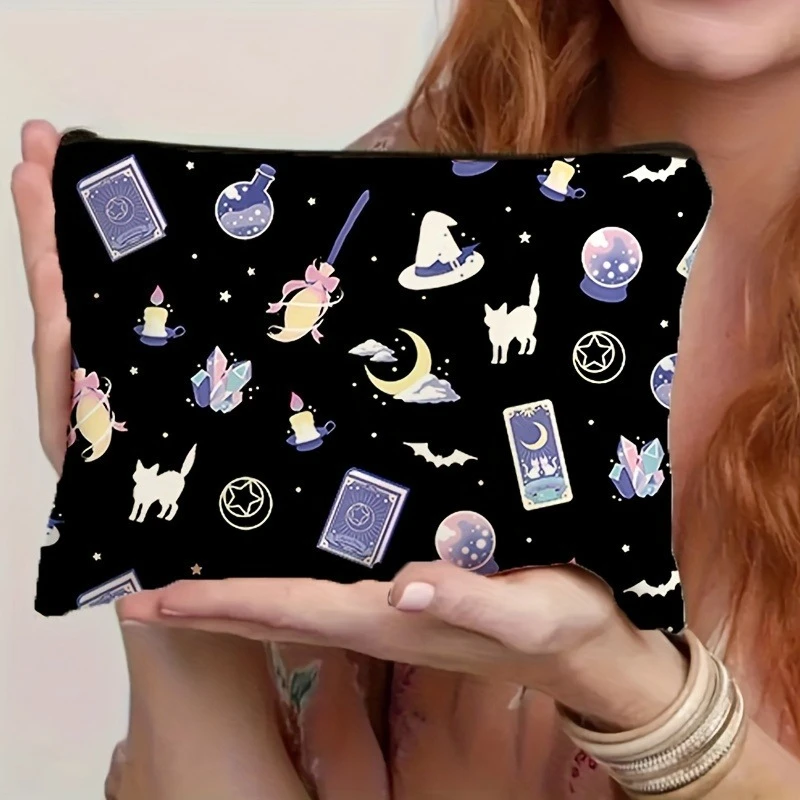 Halloween Pink Cute Magic Skull 1pc Makeup Bag Print Storage Bag Large Capacity Cosmetic Bag Zipper Pouch, Retro Pencil Case