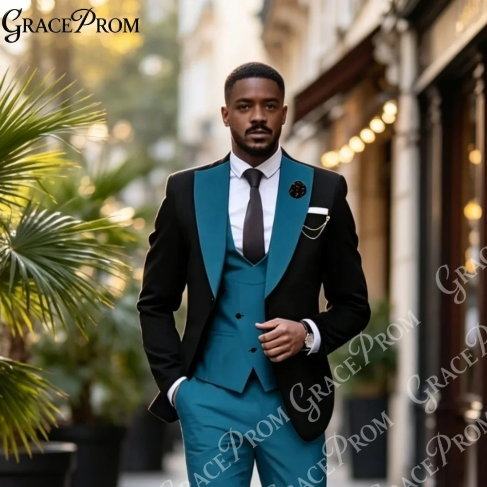 

Elegant Mens 3pcs Black Teal Formal Suit Tailored Fit Blazer Waistcoat Pants for Wedding Banquet Prom Party Tuxedo Customized