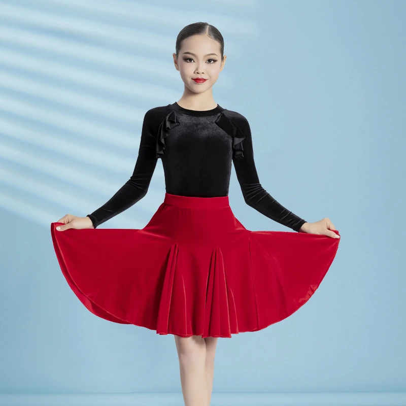 New 2023 Girls Latin Dance Practice Clothes Children Autumn Winter Long Sleeved Dance Dresses Performance Competition Clothing