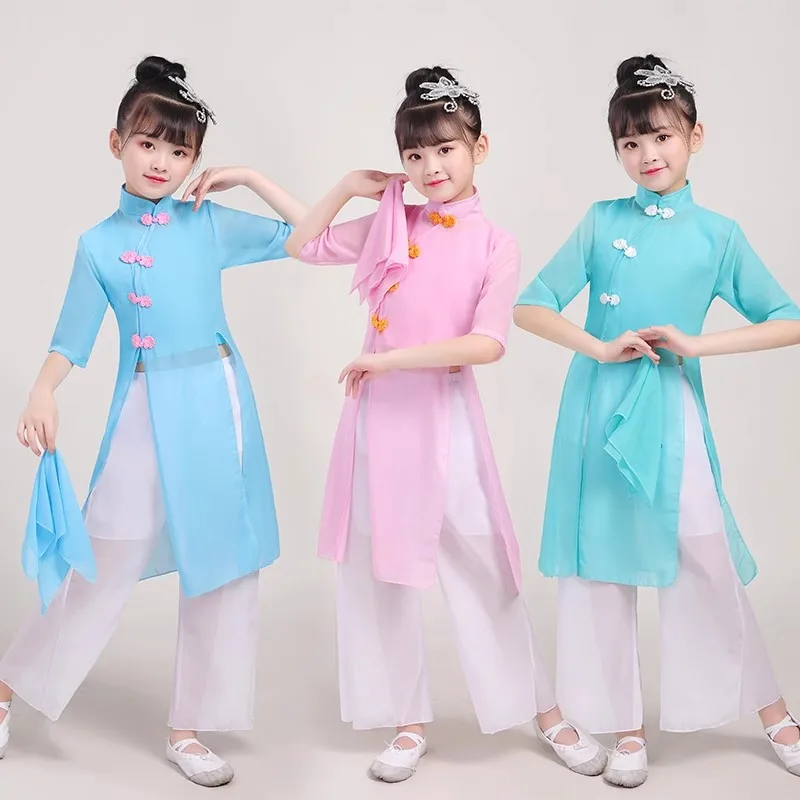 Vestido nacional chinês de dança yangko para crianças, traje de fã da menina, palco, roupa de dança guarda-chuva, roupa infantil