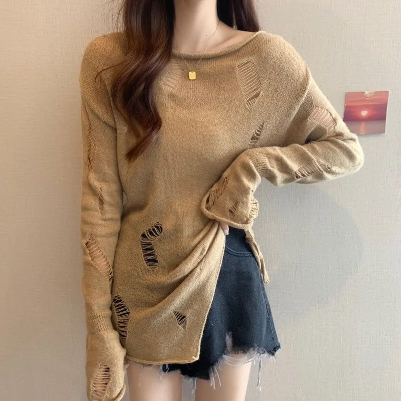 Summer New Hollow Knitted Long Sleeved T-shirt Retro Pleated Dress Two-piece Set Elegant Women's Dress Set Outfits