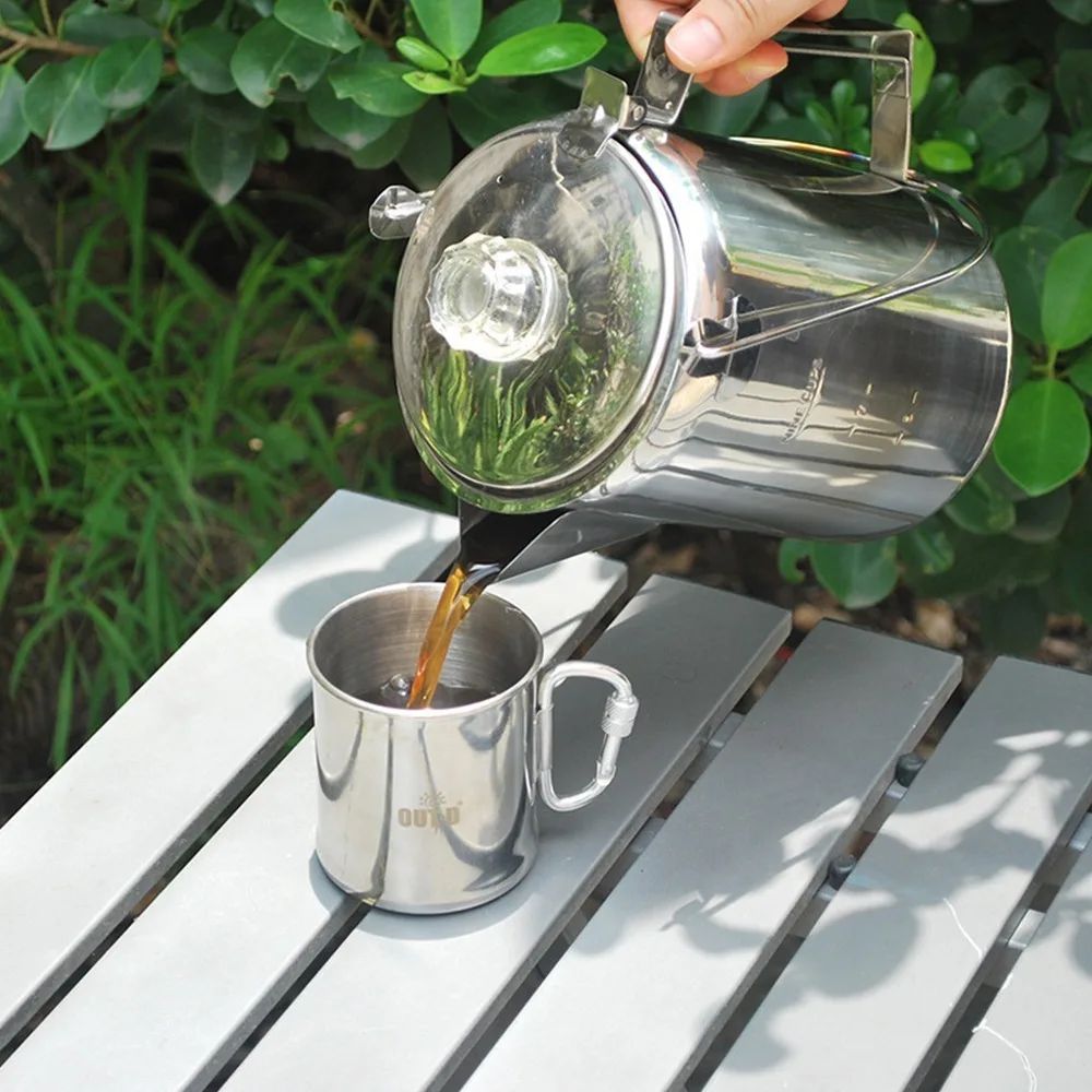 9 Cup Capacity Camping Coffee Maker Clear Top Glass Knob Filter Basket Stainless Steel Percolator Fast Brew Camping Coffee Pot