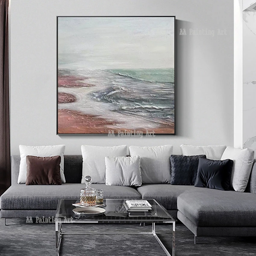 Abstract Sea Beach Scenery Oil Painting, Canvas Artwork, Wall Art, Handmade Panel, Large Size, Hotel Decor Luxury Pieces