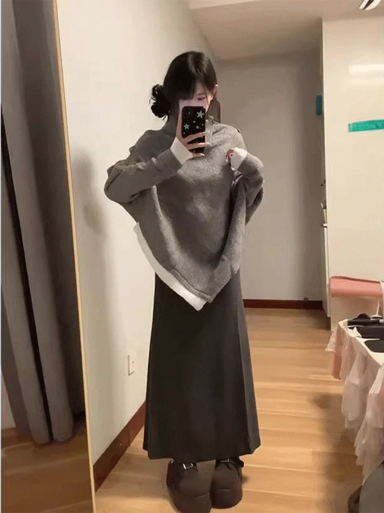 

Вязаный свитер с высоким воротником и шерстяной юбкой, женский комплект свободного покроя, зимний ансамбль, повседневный комплект, обычная длина све