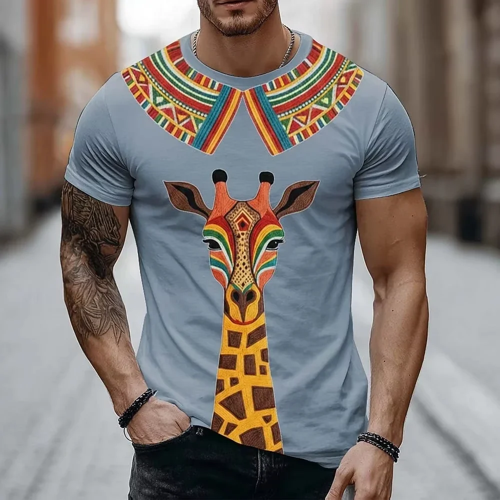 Mens Ethnic African Collar Giraffe Print T Shirt Bohemian Animal Pattern Streetwear Summer Fashion Tops