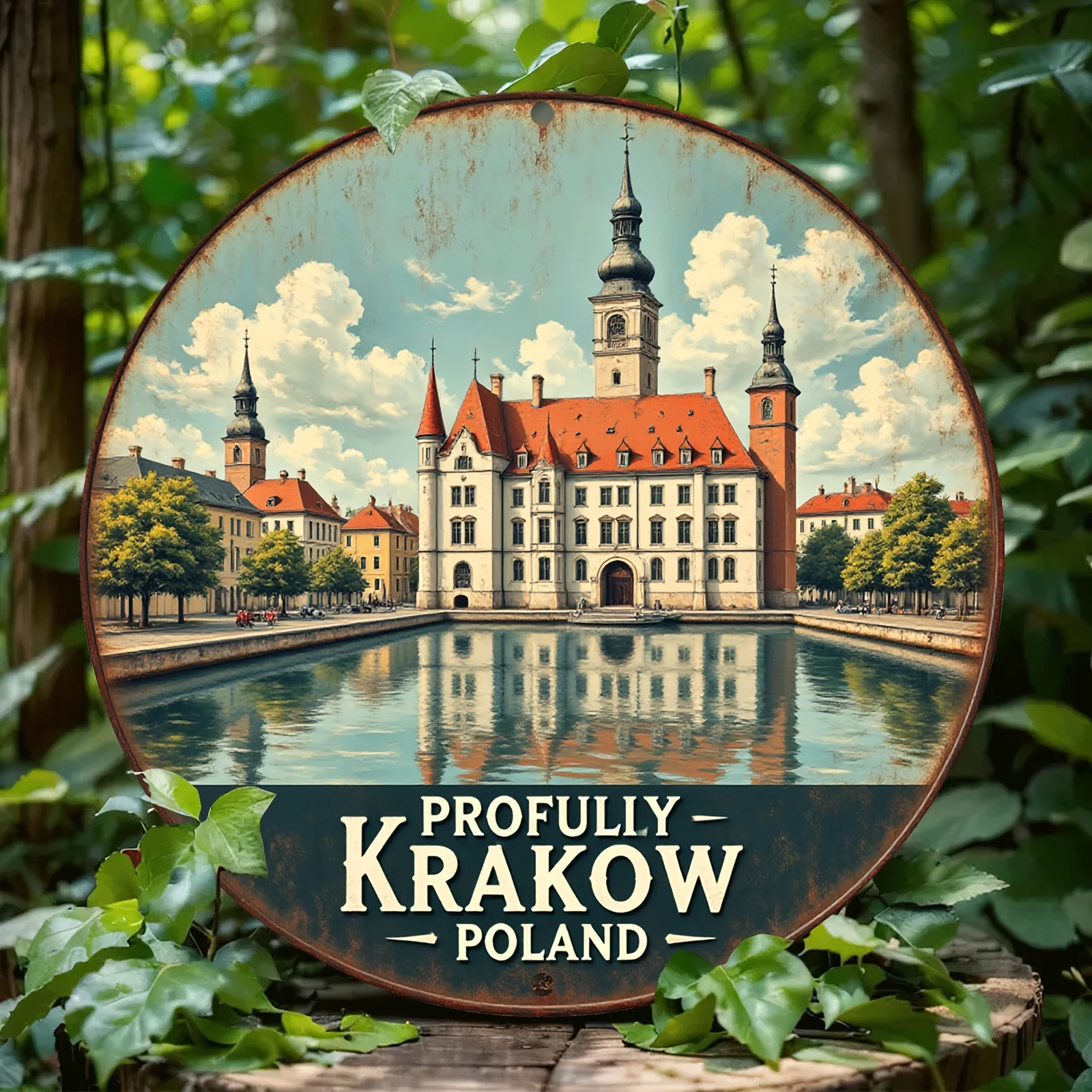 Vintage Aluminum Wall Art - Captivating Krakow, Poland, with Historic Architecture & Serene Water Scene, Ideal for Home, Office,