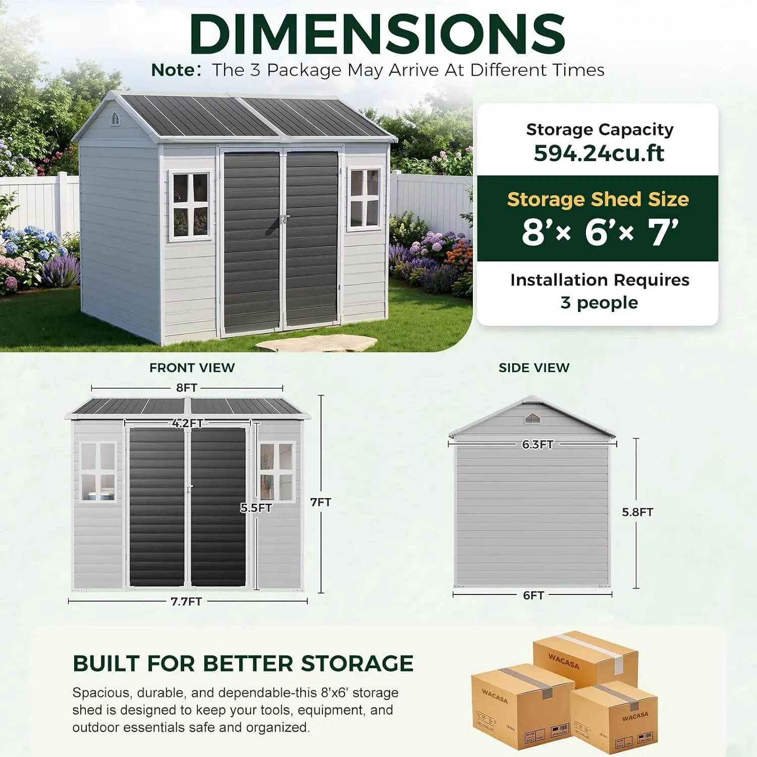 Resin Outdoor Storage Shed 8x6 FT with Floor & Double Windows, Customized