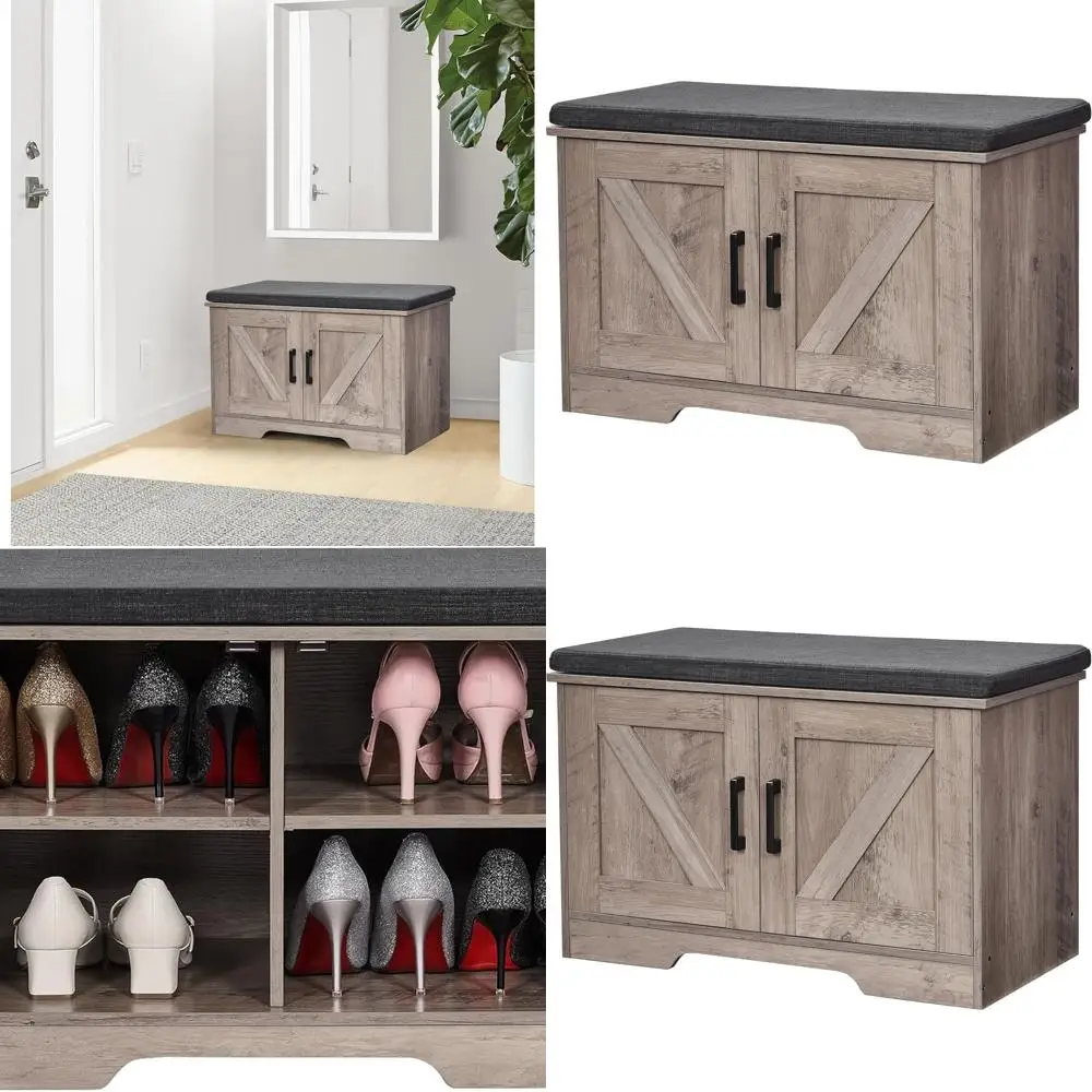 

Dual-Level Shoe Storage Bench with Cushion, 27.6 Wide, Barn Door & Adjustable Shelf, Greige