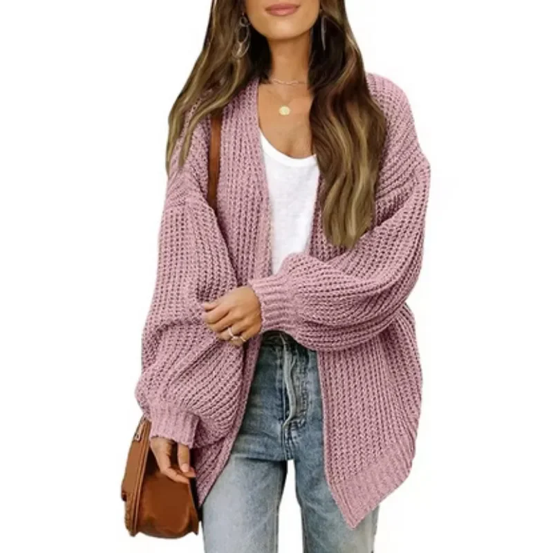 Women Sweater Jacket Fall-Winter 2024 New Fashion Lantern Sleeve Cardigan Solid Color Knitted Thermal Coat Elegant Street Wear