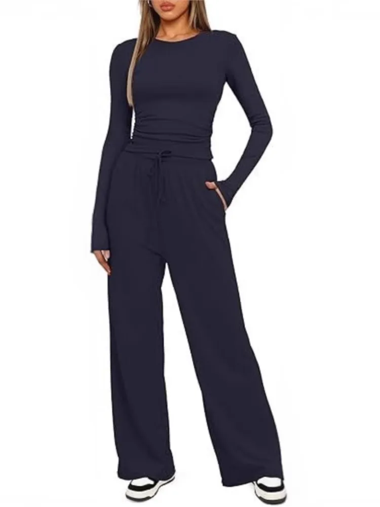 Pants Set For Women Slim Round Neck Long Sleeve Sweatshirt Drawstring High Waist Straight Trousers 2025 New Lady Two Piece Sets