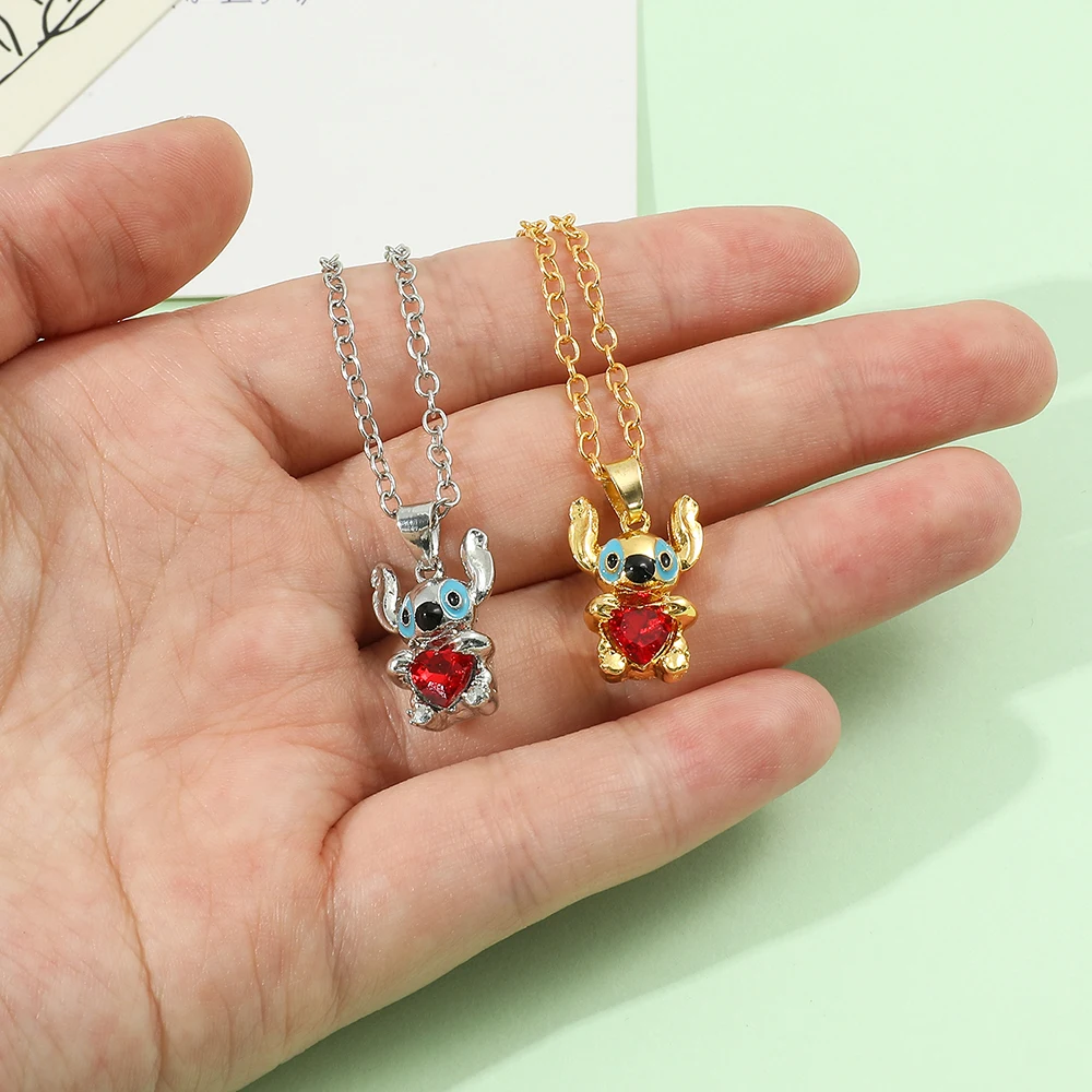 Disney Anime Lilo & Stitch Crystal Pendant Necklace Kawaii Stitch Red Gemstone Necklace for Women Jewelry Accessories Toy Gift