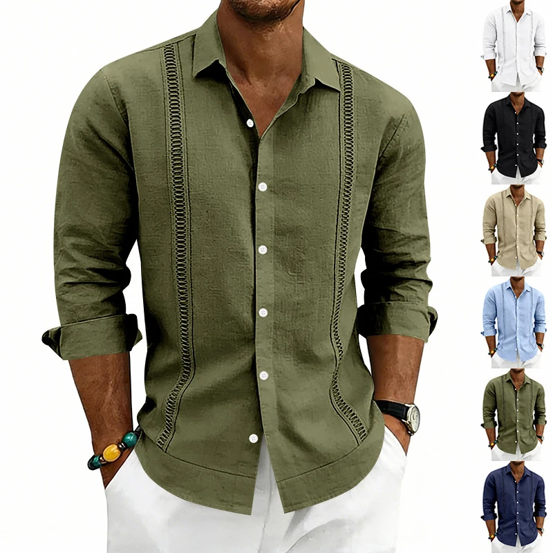 

Men's ethnic style linen shirt，woven lapel loose fit，long sleeve for vacation and daily wear