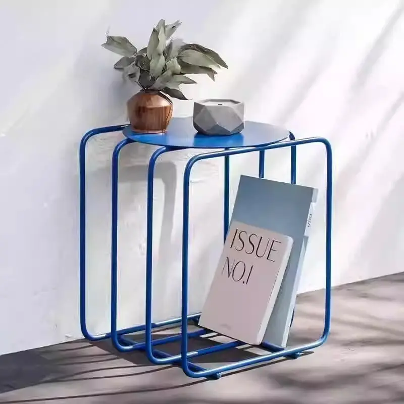 Minimalist blue coffee table Nordic wrought iron sofa corner few bedroom bedside table light luxury