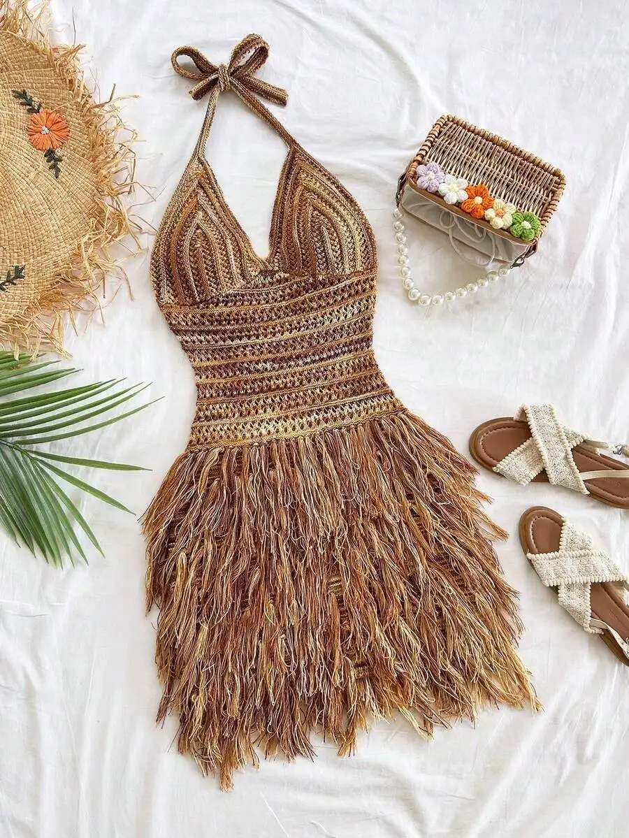 

Womens Crochet Halter Mini Dress With Tassel Hem Boho Beach Vacation Dress