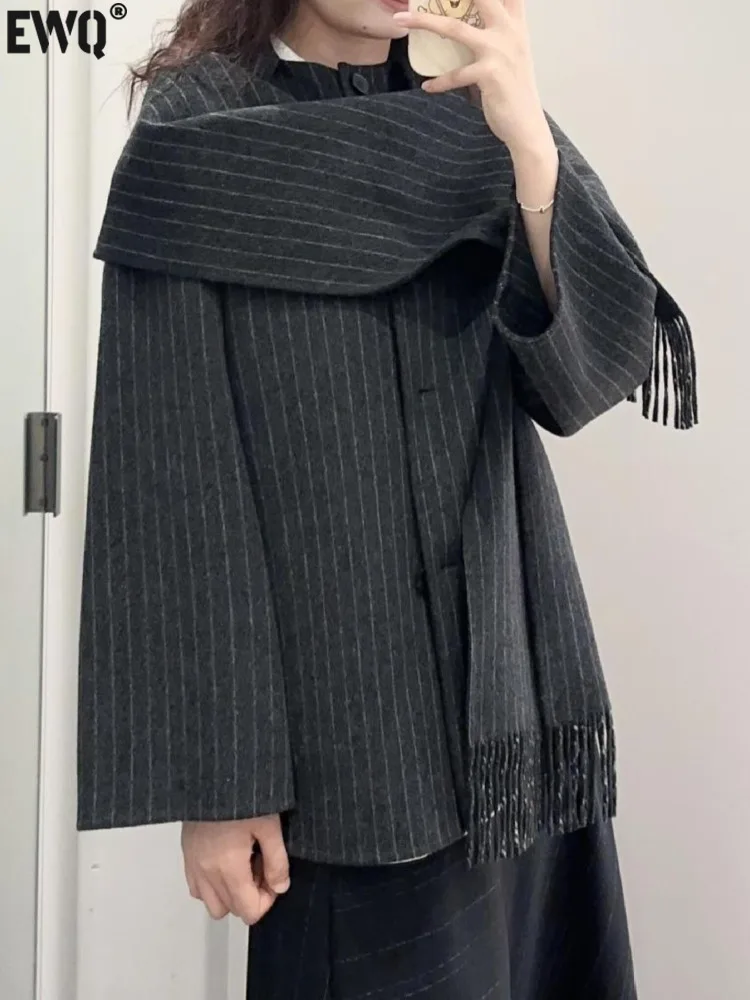 

[EWQ] Tassel Scarf Collar Long Sleeve Single Breasted Woolen Coat Striped Design Casual Women Winter Thick Coats 2024 16O2047