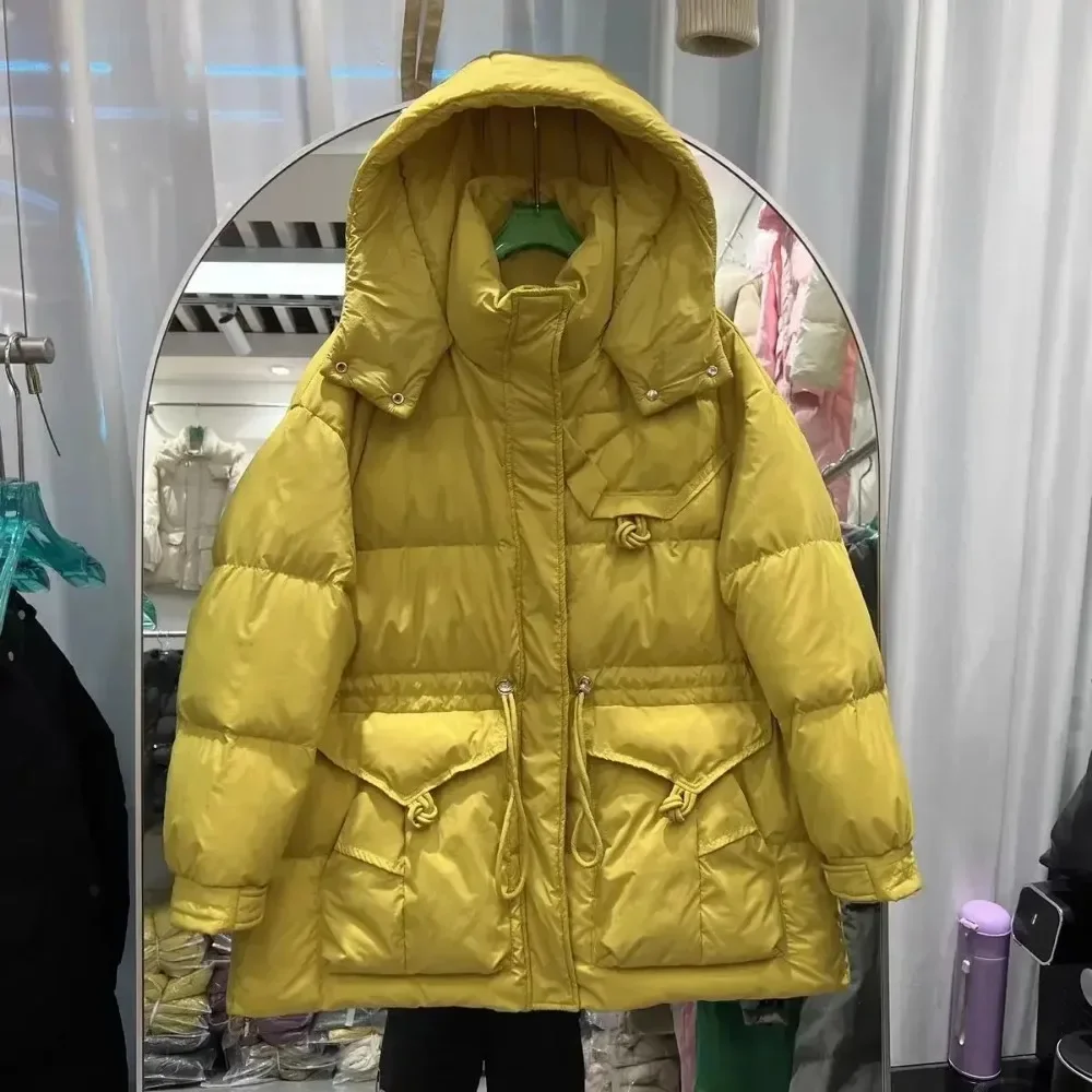 2024 New Down Jacket Women Fashionable Winter Down Jacket Loose Fitting Hood Thickened High-end Feel Waisted White Duck Coat