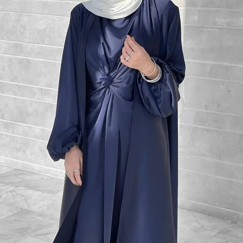 Abaya Two Piece Satin Set Muslim High Quality New Design Kimono Maxi Dress Wholesale Islamic Clothing Long Sleeve Abaya