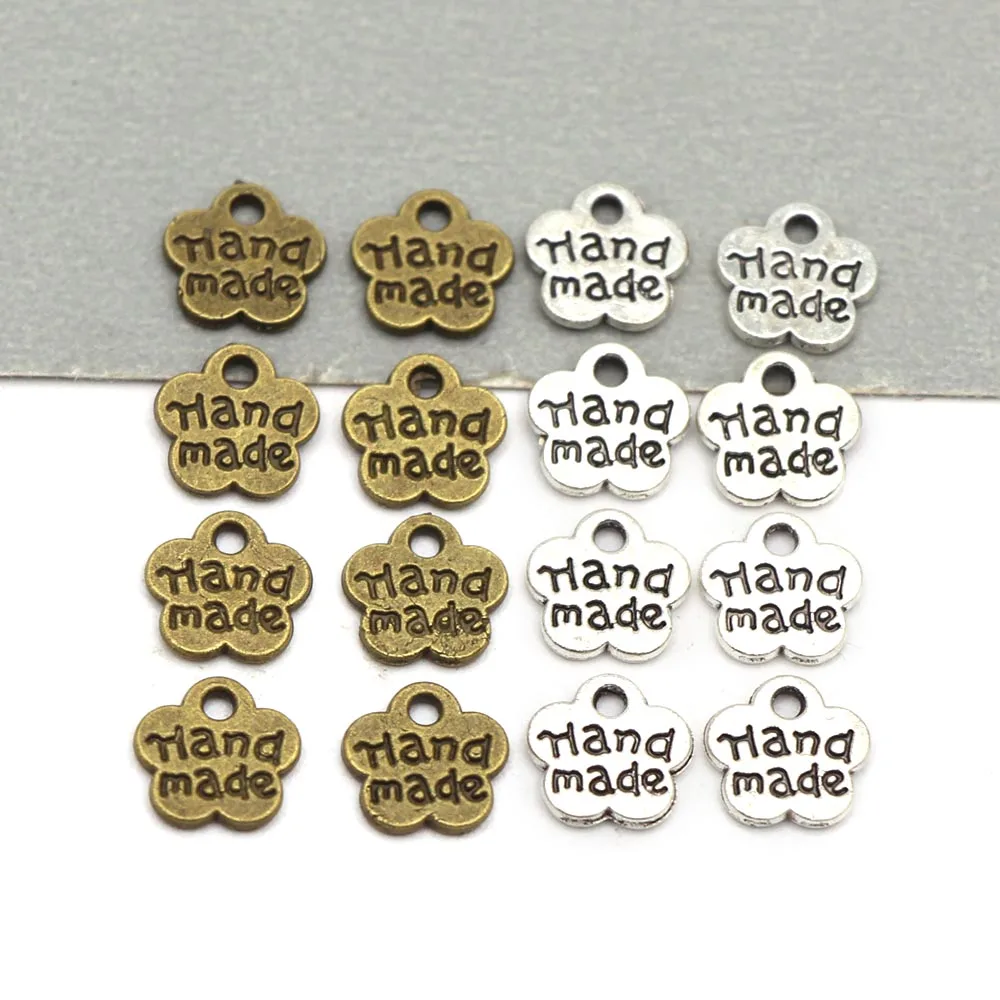 50pcs Flower Metal Label Silver Bronze Handmade Tags Hand Made Pendants Sewing Labels for Clothes Bags Garment Accessories 8x8MM