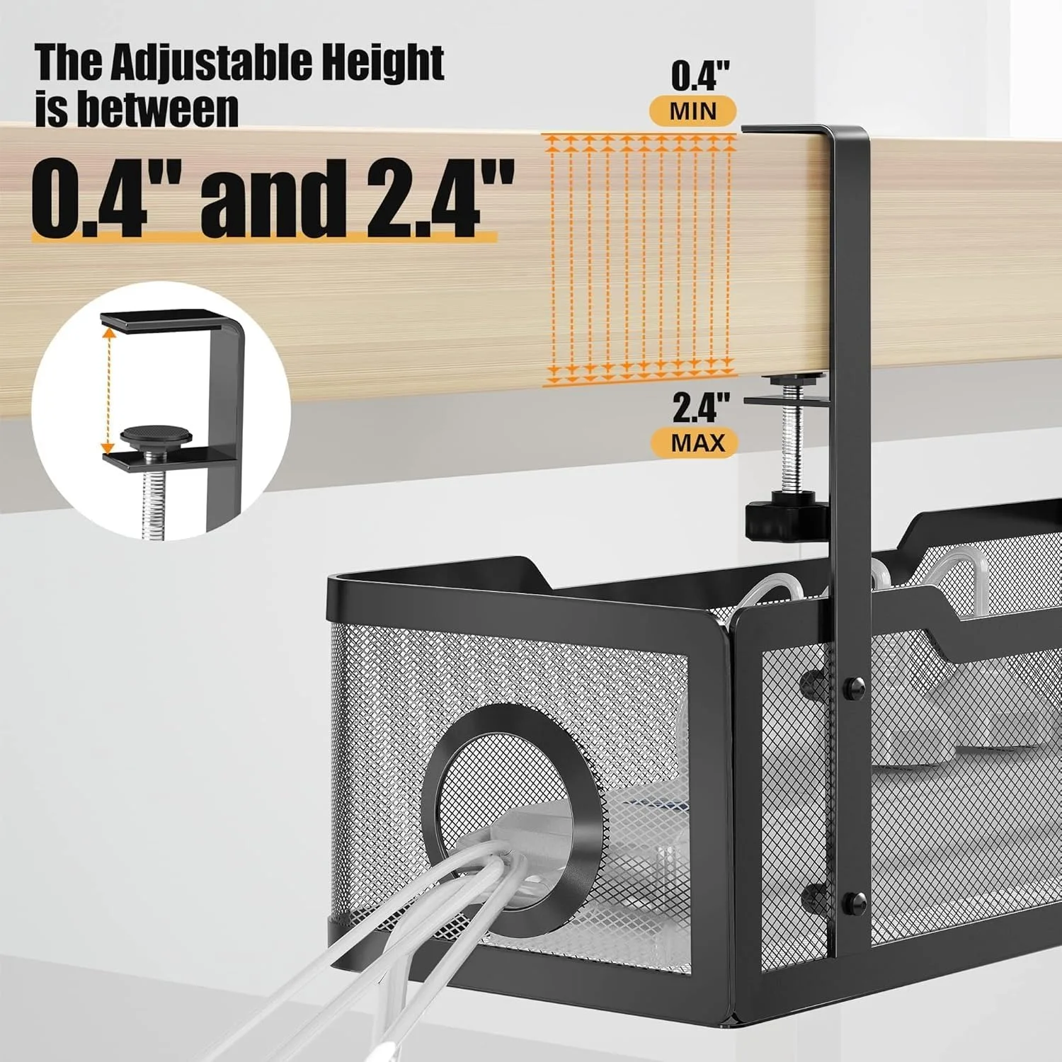 2-piece under desk cable management box-black, no drilling, cable tray with fixtures, used for wire management - office and home