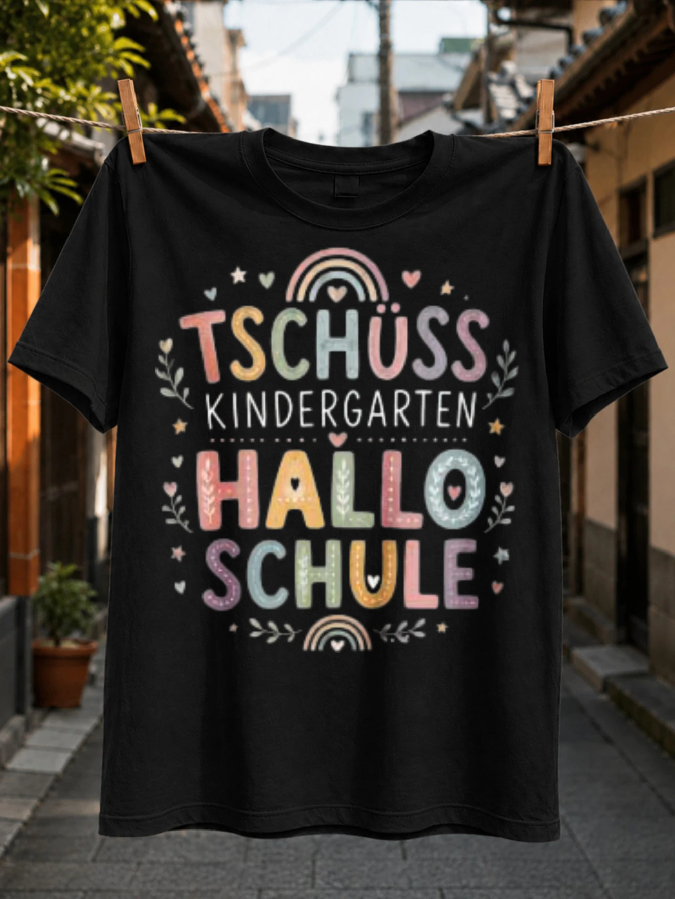 Goodbye Kindergarten Hello School Pastel Rainbow Hearts Stars and Leaf Sprigs School Transition  Unisex All T-Shirt