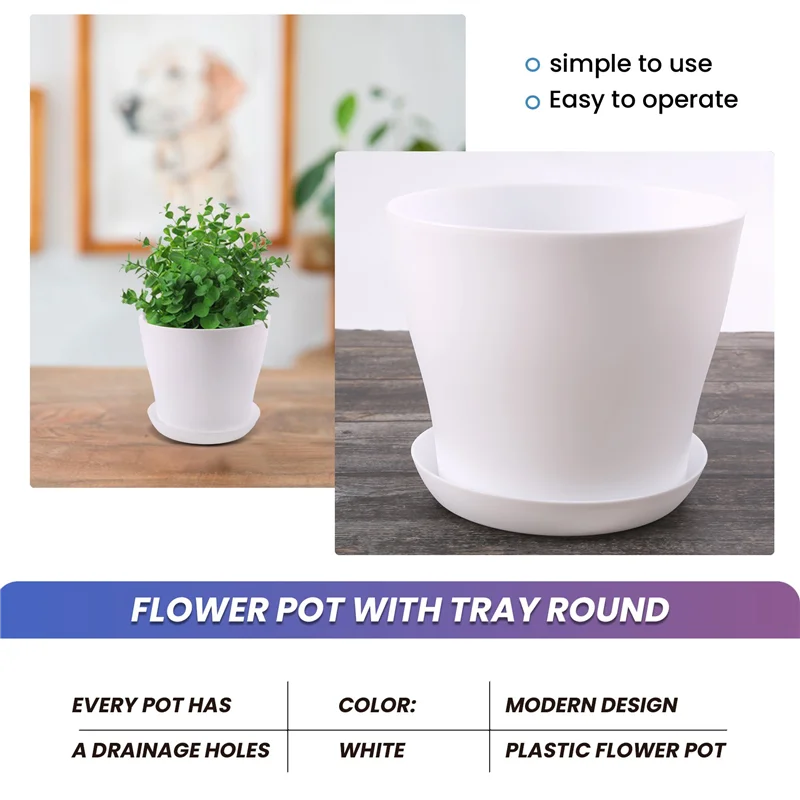 A59E-Plastic Plant Flower Pot Planter With Saucer Tray Round Gloss Home Garden Decor, White Upper Caliber -, 17Cm / 6.69"