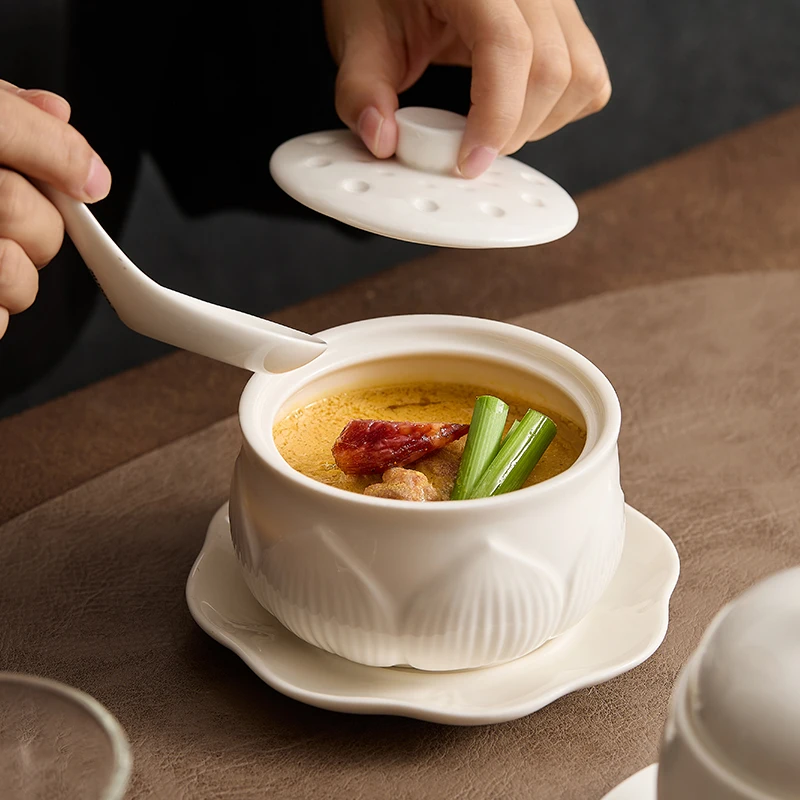 Ceramic Steamed Egg Bowl with Lid Dessert Bowl Dessert Bowl Soup Plate Snack Plate Sashimi Inventory Heart Plate