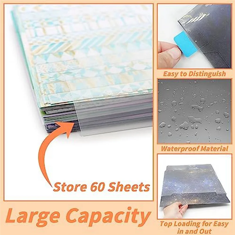 A19E-12Piece Scrapbook Paper Storage Box For 30.48 X 30.45 Cm Papers With 60 Adhesive Index Tabs Waterproof Single Top Load