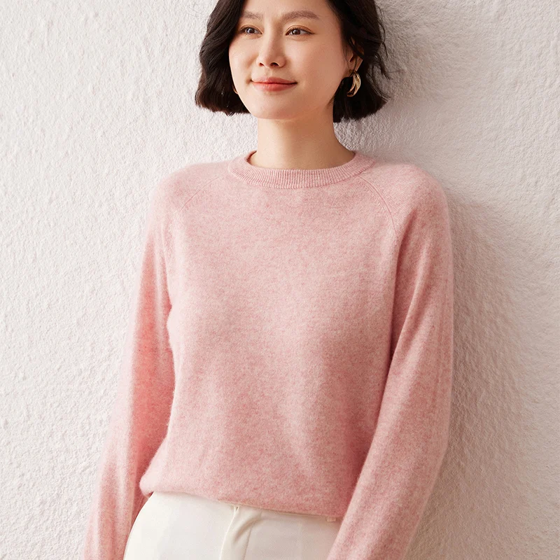 

35% cashmere winter2025 new round neck long sleeved cashmere sweater for women, loose fit with solid color warm cashmere sweater