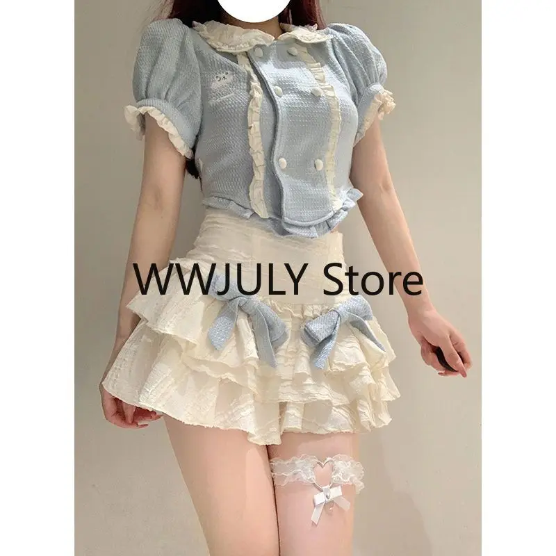 Summer Lolita Kawaii Two Piece Set Japanese Women Sweet Cake Skirt Female Korean Cute Puff Sleeve Blouses Blue Mini Skirt Suit