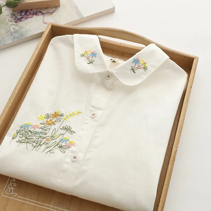 

Japanese Sweet Mori Girl Cartoon Floral Print Long Sleeve Shirt Women Spring Summer Turn Down Collar Long Sleeve Casual Blouse