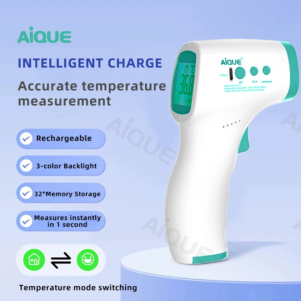 AiQUE Rechargeable Thermometer Backlit Non-Contact Infrared 1s Medical Forehead LCD Baby Adult Household Fever Detector