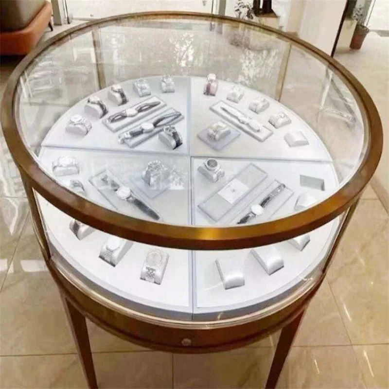 custom.Luxury Modern Gold Jewellery Display Counter Round Stainless Steel Table Showcase with LED Light