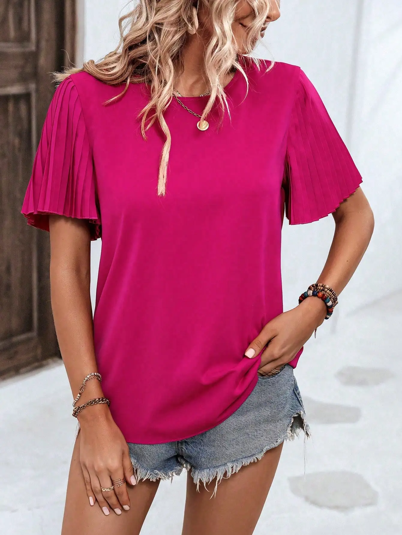 Elegant fashion women's T-shirt Small round neck short sleeve lotus sleeve pleated woven casual women's shirt