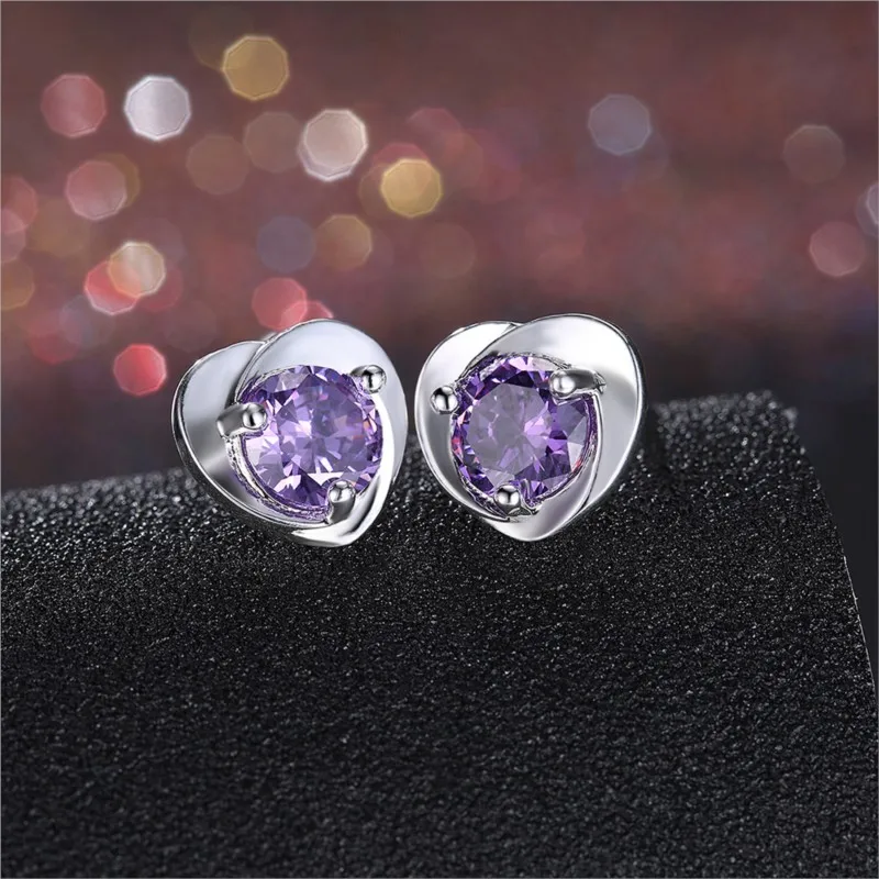 Purple Passion: Silver Color Heart-shaped Cubic Zirconia Stud Earrings for Women - A Symbol of Love and Luxury