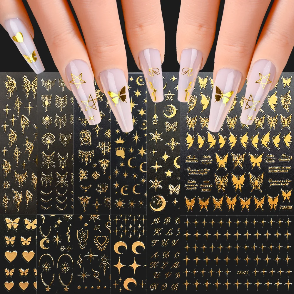 12pcs 3D Gold Silver Star/Sun/Moon/Butterfly Bronzing Nail Art Sticker 8*10cm Cute Love Heart Moon Star Design Adhesive Sliders