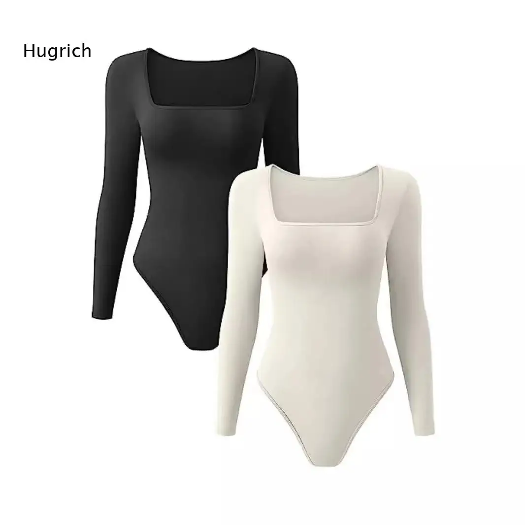 Women Square Neck Long Sleeve Bodysuit Stretchy Slim Fitted Basic Jumpsuit Top For Daily Outfit Office Wear Dating Party Gatheri