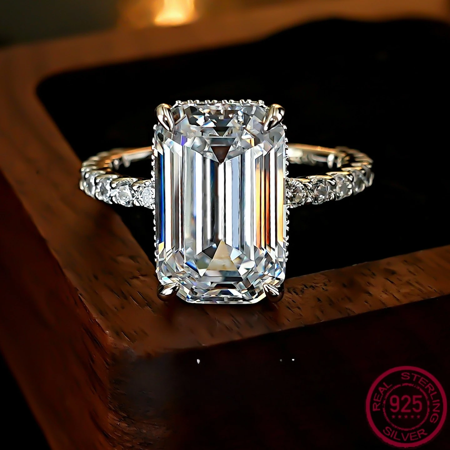 New Ice Through Sugar 9-Carat Emerald Cut S925 Silver Ring with Women's White Diamond Style Simple Wedding Jewelry