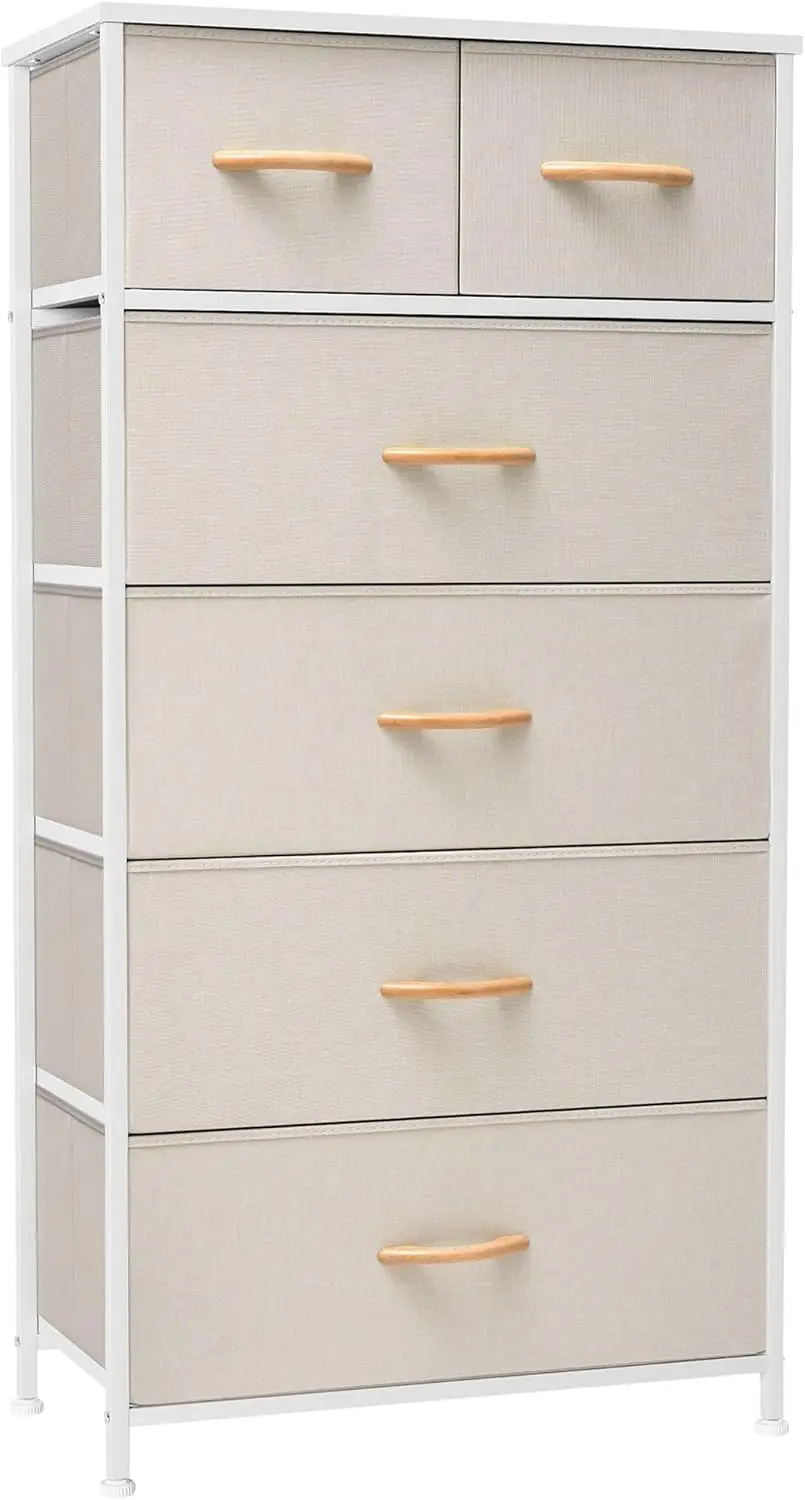 

Dresser for Bedroom Tall Skinny Dresser Storage Tower - Sturdy Steel Frame, Wood Top, Fabric Bins, Wood Handles - Organizer U