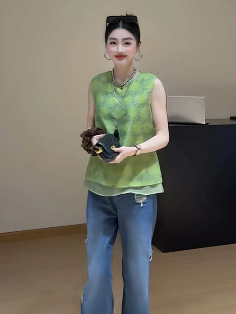 

een Floral Embroidery Me Paneling Fake Two-Piece irt Women's Sli Vest Slimming round Ne Svel Top Summer