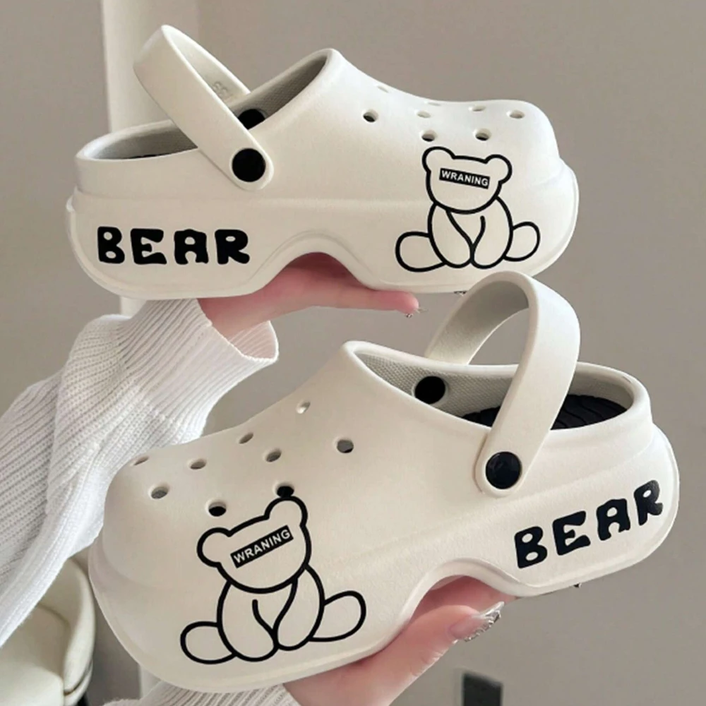 Fashionable Women Cute Cartoon Bear Pattern Eva Super Comfortable Anti-Skid Casual Personality Suitable High Heeled Hollow Shoes