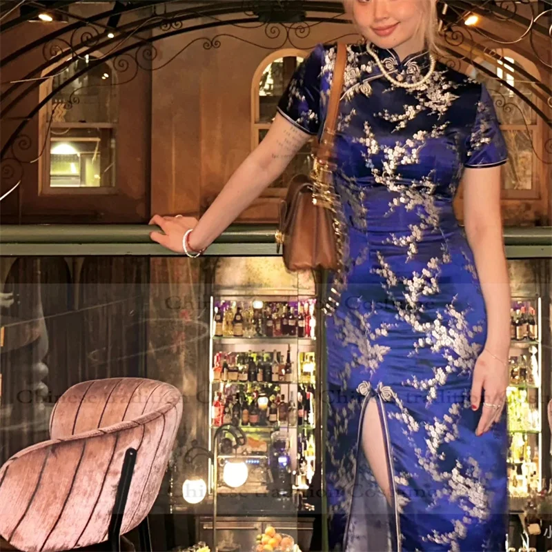 

Женское платье в китайском стиле, длинное Ципао, сексуальное жаккардовое платье с цветочным принтом, традиционное китайское женское платье Chesongam для свадебной вечеринки