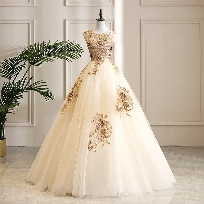 

Champagne Ball Gown Quinceanera Dresses Appliques Tulle Prom Birthday Party Gowns Formal Occasion Vestido De Noche