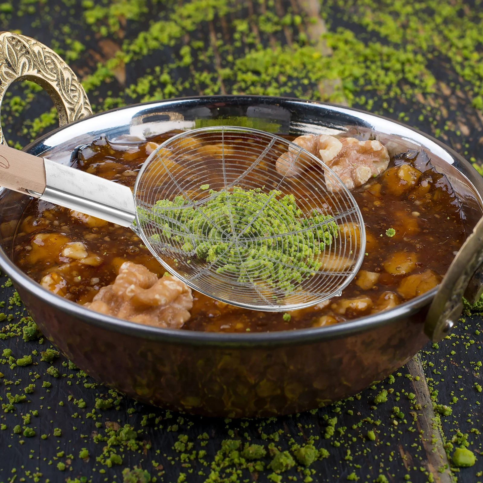 

Дуршлаг из нержавеющей стали, металлическая сетка, сито, корзина для еды, скиммер, посуда вок, бамбуковая кухня с ручкой