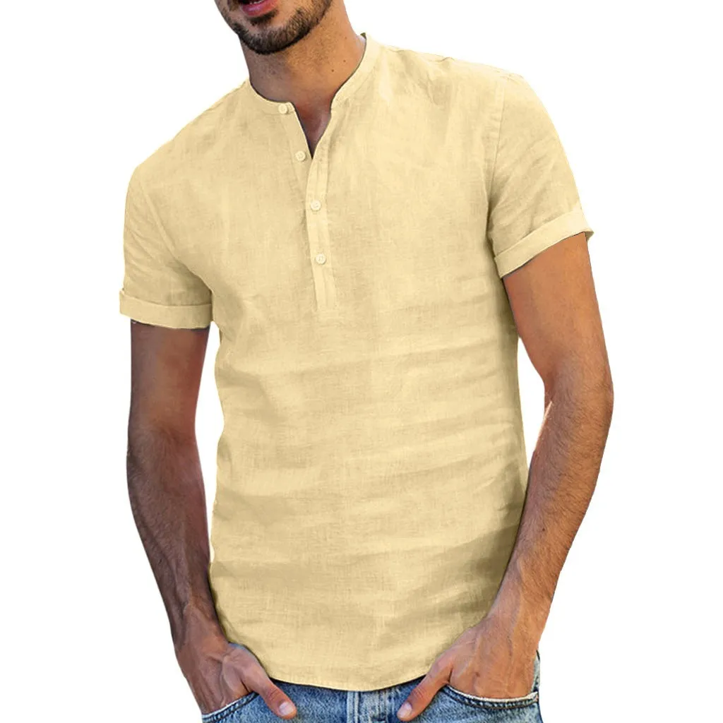 Camisas de linho dos homens do pulôver da luva curta verão respirável dos homens botão v pescoço casual henley camisa magro ajuste camisas de algodão sólido