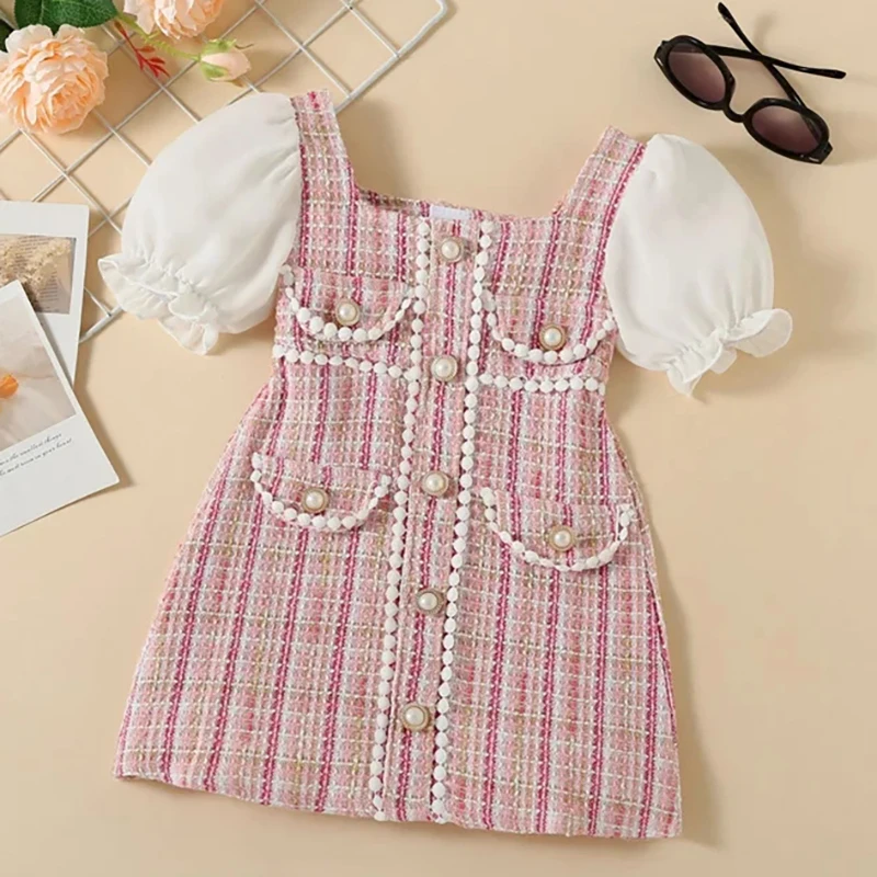 Bear Leader Children Clothing Korean Style Tweed Plaid Pearl Button Small Fur Ball Decoration Fragrant Style Bubble Sleeve Dress