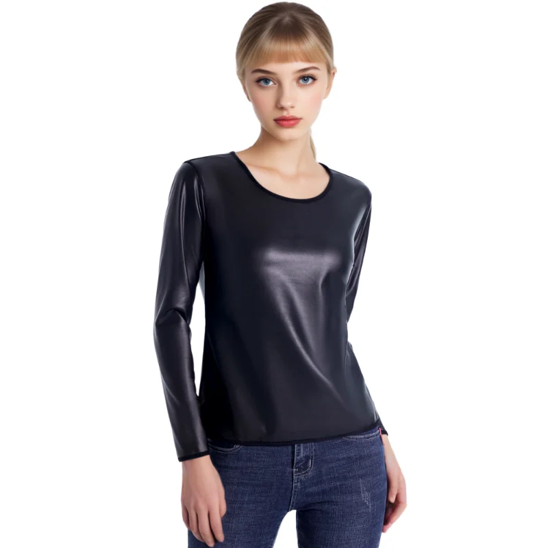 نمط جديد فو الجلود طويلة الأكمام قمصان دراجة نارية السائق محدد شكل الجسم القمم مدرب خصر التي شيرت موضة ملابس داخلية غير رسمية القمم #2