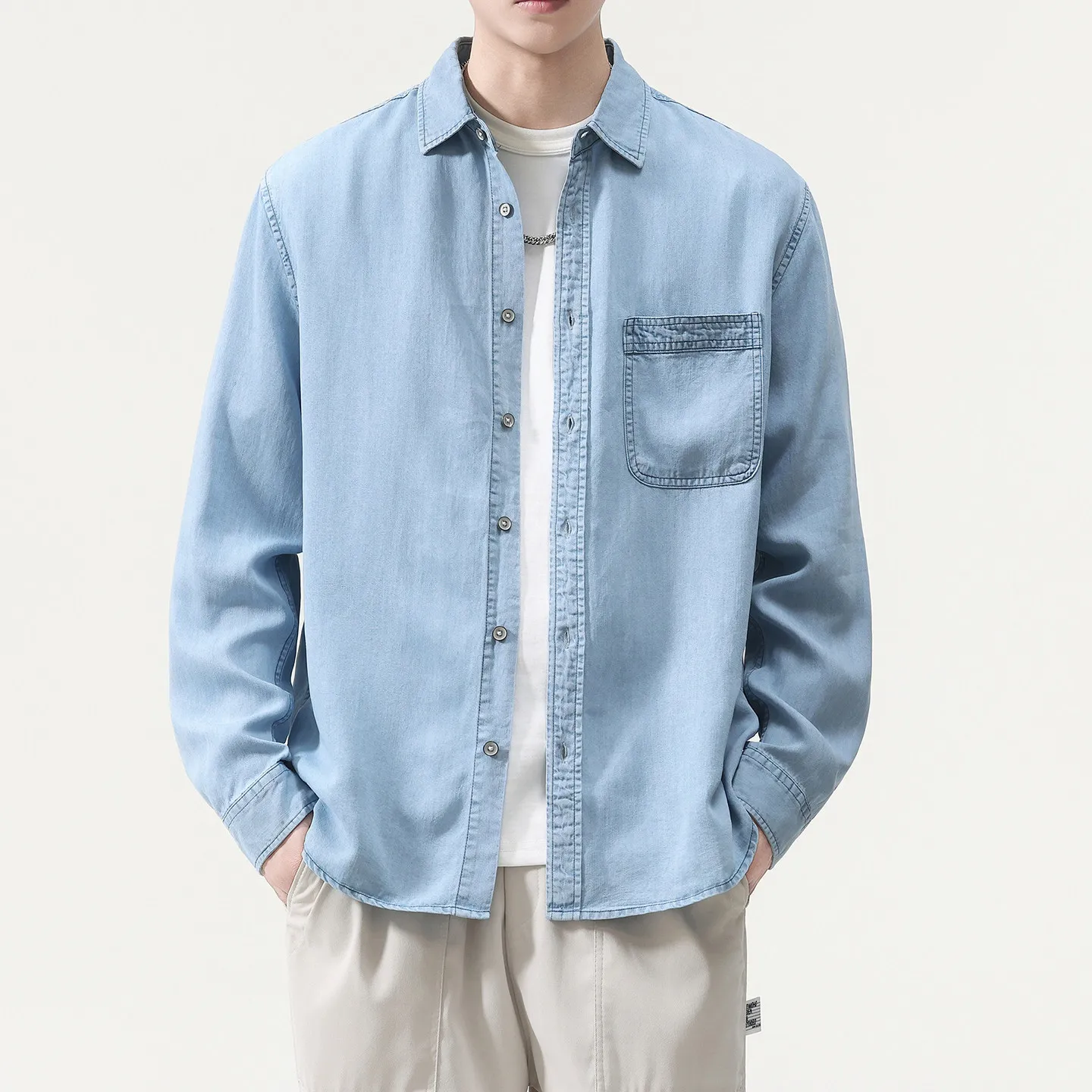 2026 Autunmn New American Retro Long-Sleeve Turn-down Collar Trendy Pockets Denim Shirt Men's Fashion Washed Casual Blouses