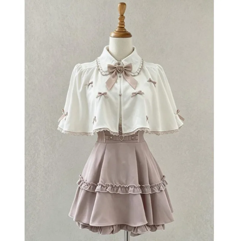 Bow Sweet Lolita 2 Piece Top Outfit Crop Cape Blouse High Waist Ruffle Mini Skirt Kawaii Set Girl JK Daily Cosplay Holiday Gift