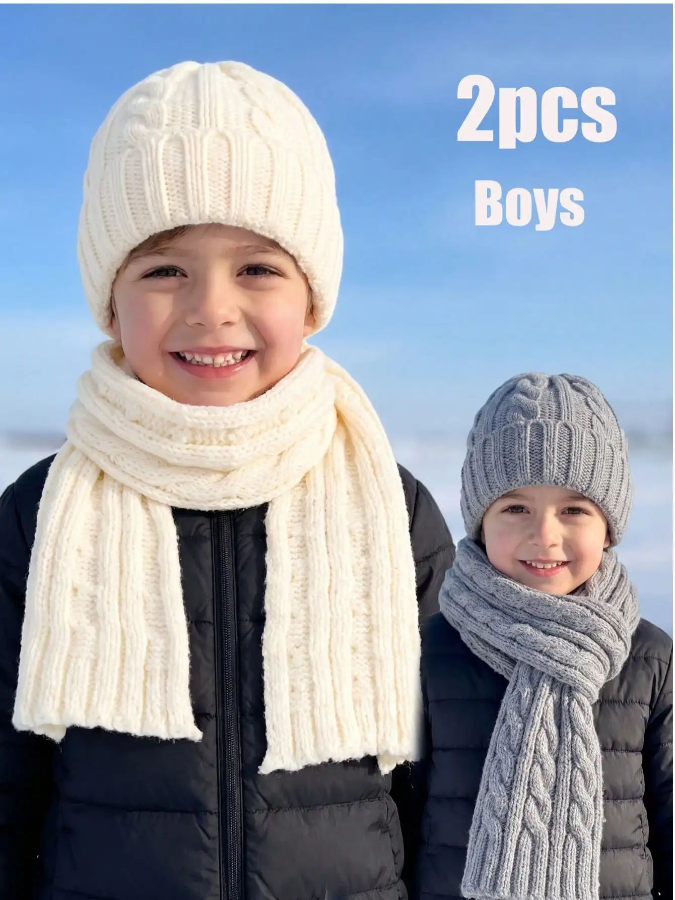 2pcs 5-10Y Kids Boys Cute Cable Knit Hat & Scarf Set, Stylish 2Pcs Knitted Accessory Kit for Boys Girls