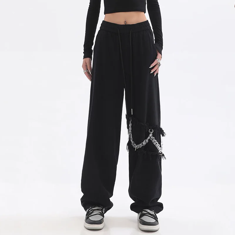High Street Hip Hop Oversize Black Pants Women New Streetwear Vintage Spliced Chain Elastic Waist Loose Straight Casual Trousers